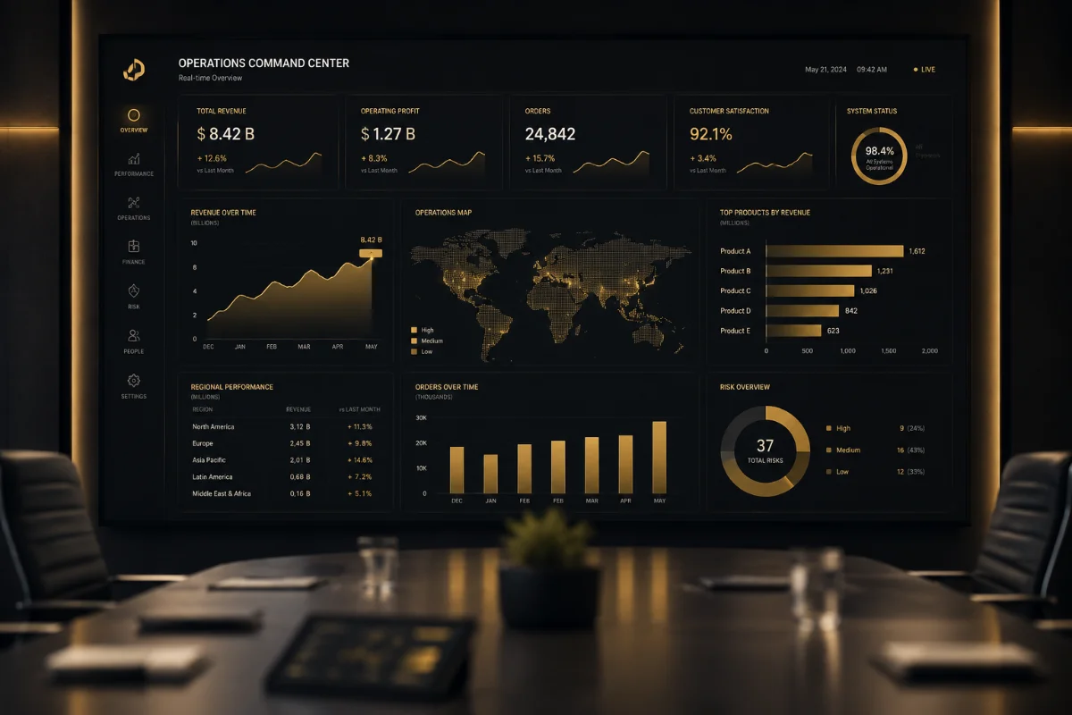 Operations dashboard on a boardroom screen showing performance, mapping and risk panels