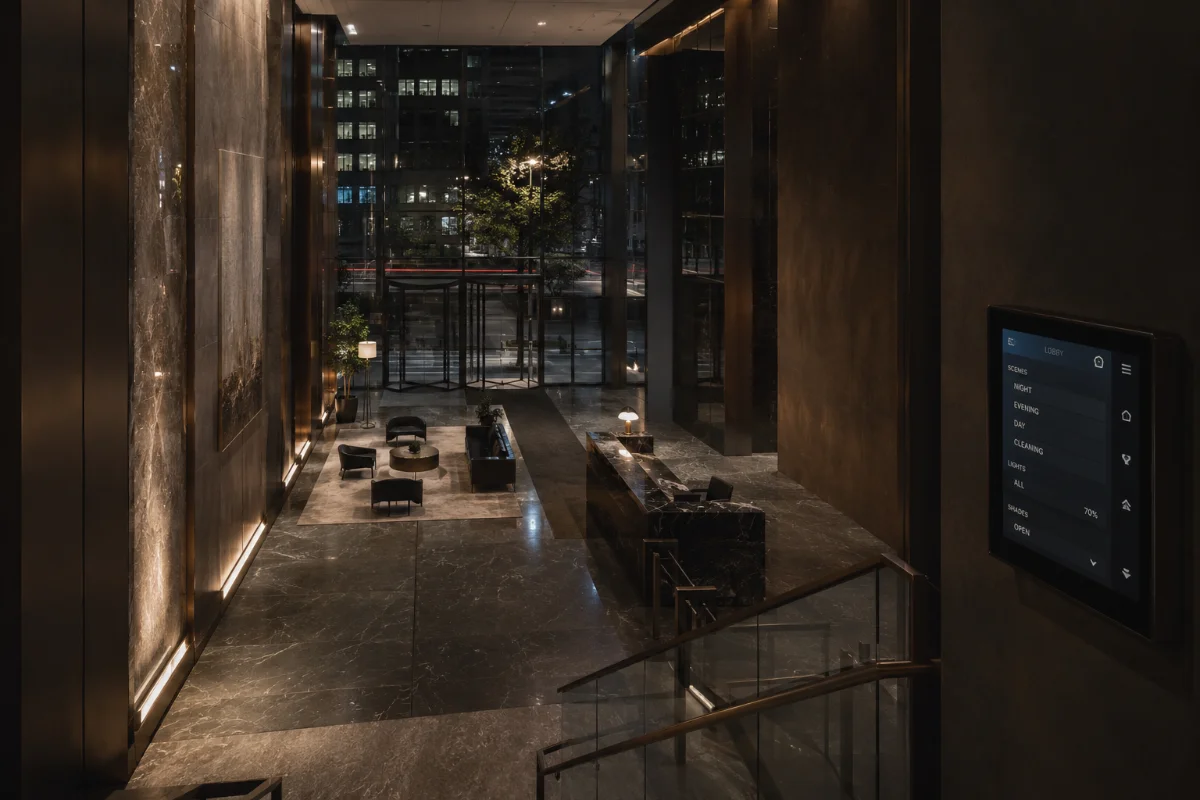 Office building lobby at night with a wall-mounted control panel showing lighting scenes and shade positions