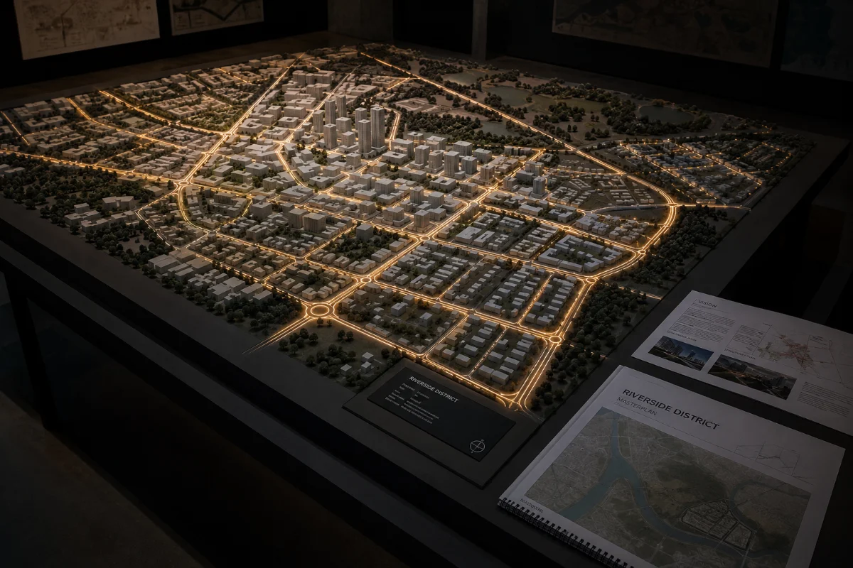 Illuminated district masterplan model on a display table beside printed masterplan documents