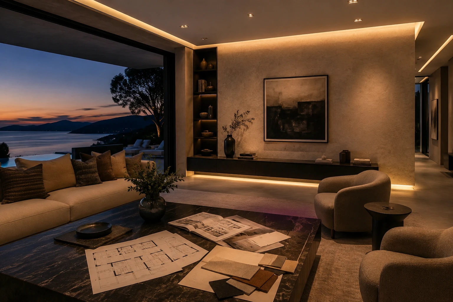 Villa living room at dusk with concealed cove lighting and a sea view, architectural drawings and material samples laid out on the table