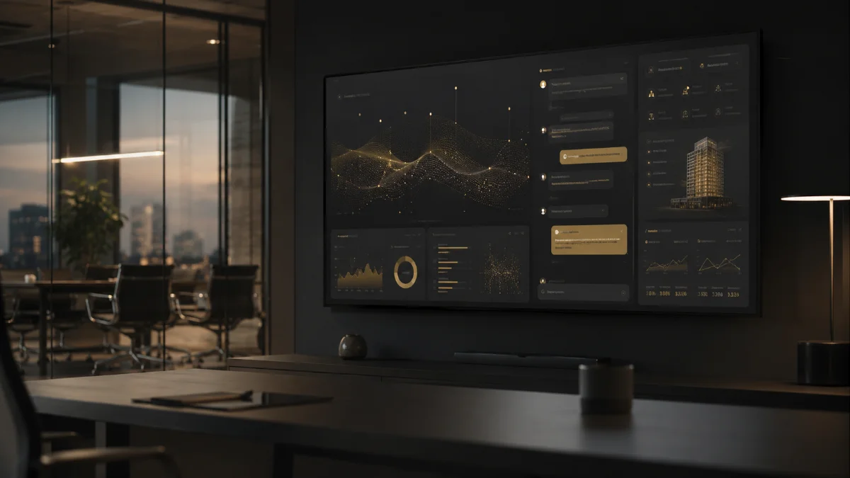 Wall-mounted analytics dashboard in a meeting room showing data visualisations and a building model