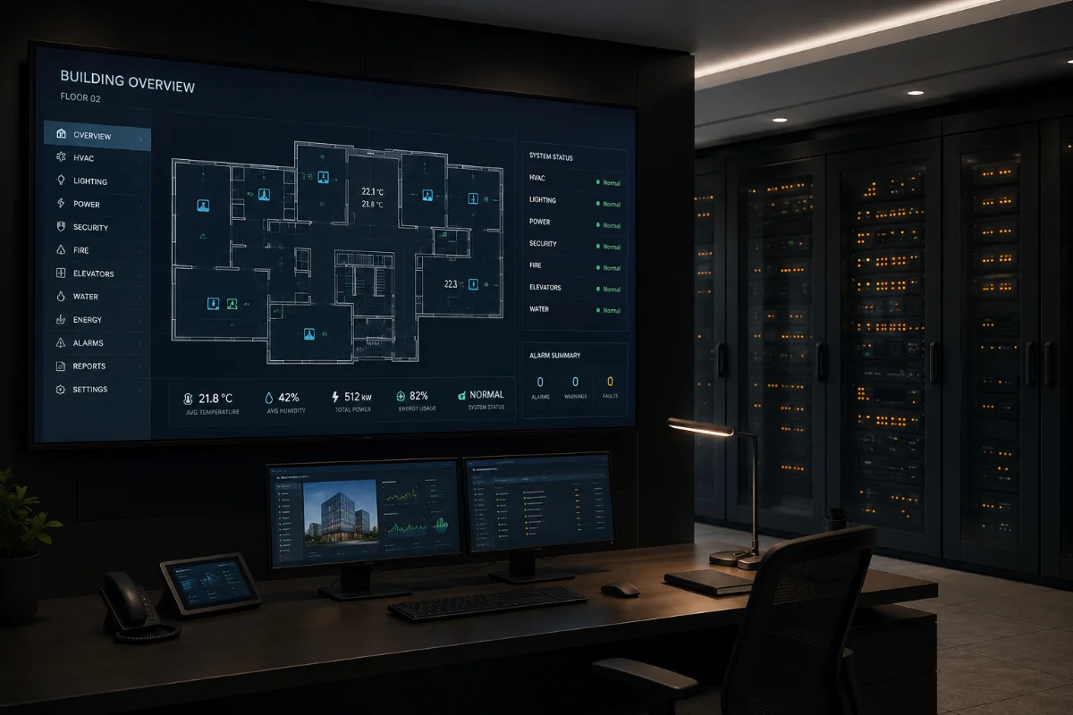 Building management room with a floor plan overview screen reporting HVAC, lighting, power, security and fire status beside server racks