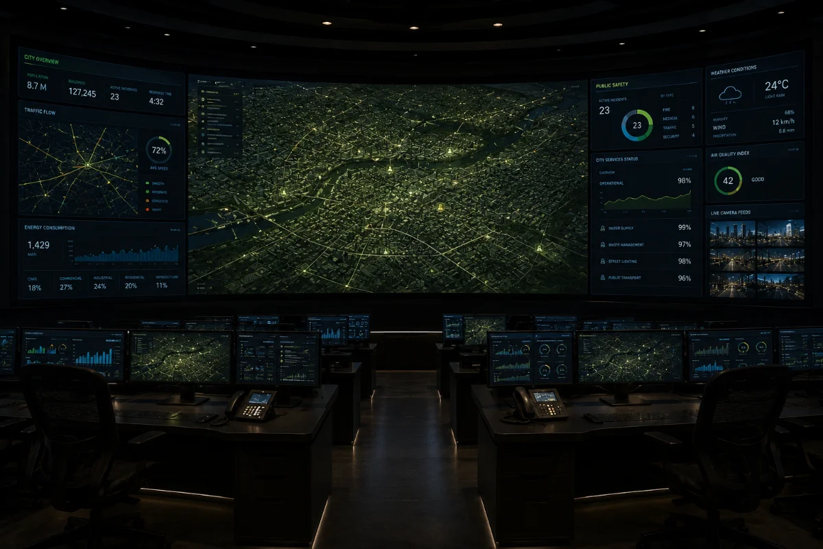 City command centre with a curved video wall showing a live city map, traffic flow and public safety dashboards above operator desks