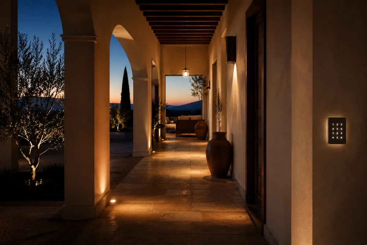 Villa colonnade at dusk with integrated architectural lighting and a keypad entry panel beside the door