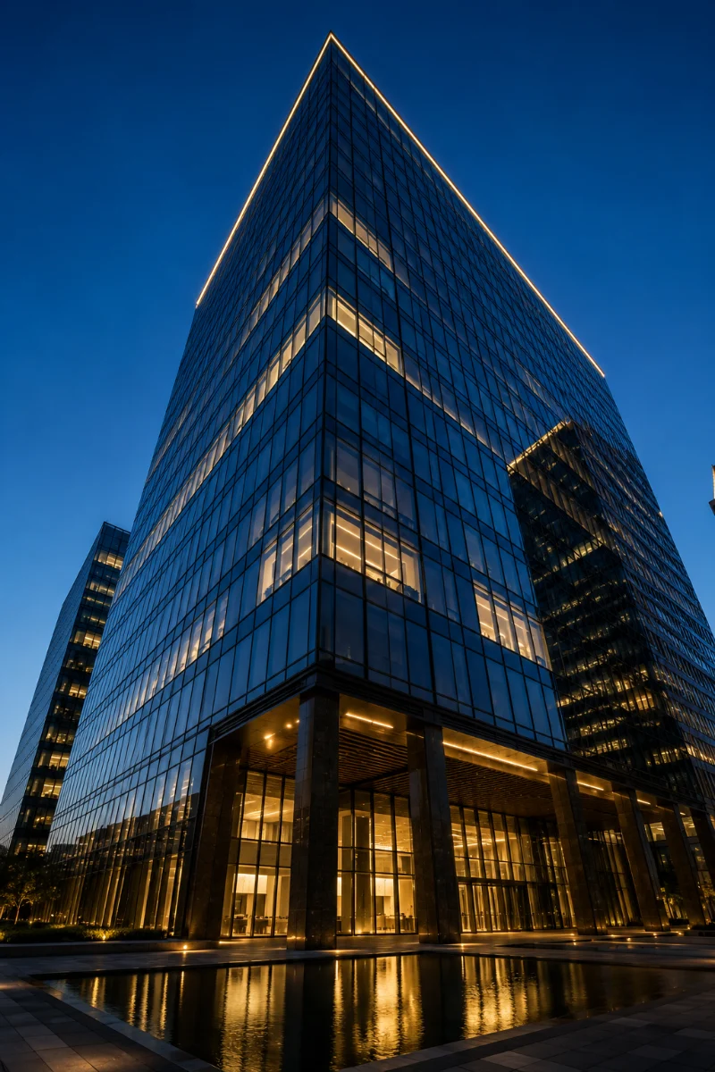 Glass office tower at dusk with a lit lobby and a reflecting pool