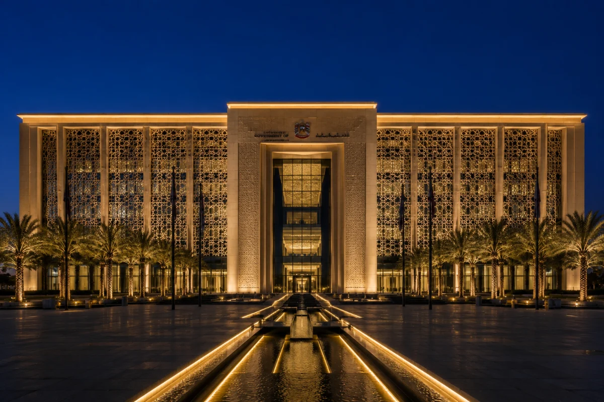 Government building at dusk with an illuminated latticework facade and palm-lined forecourt