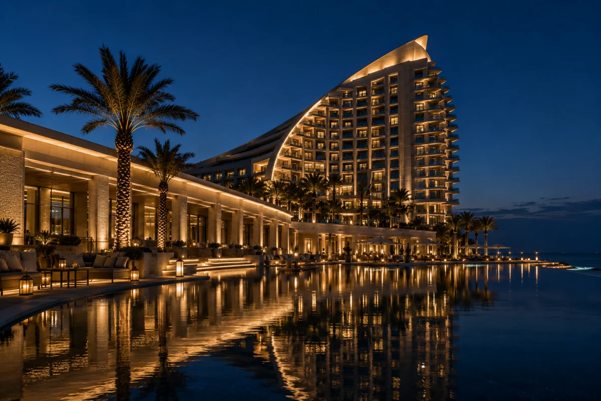Curved beachfront resort hotel at dusk reflected in still water