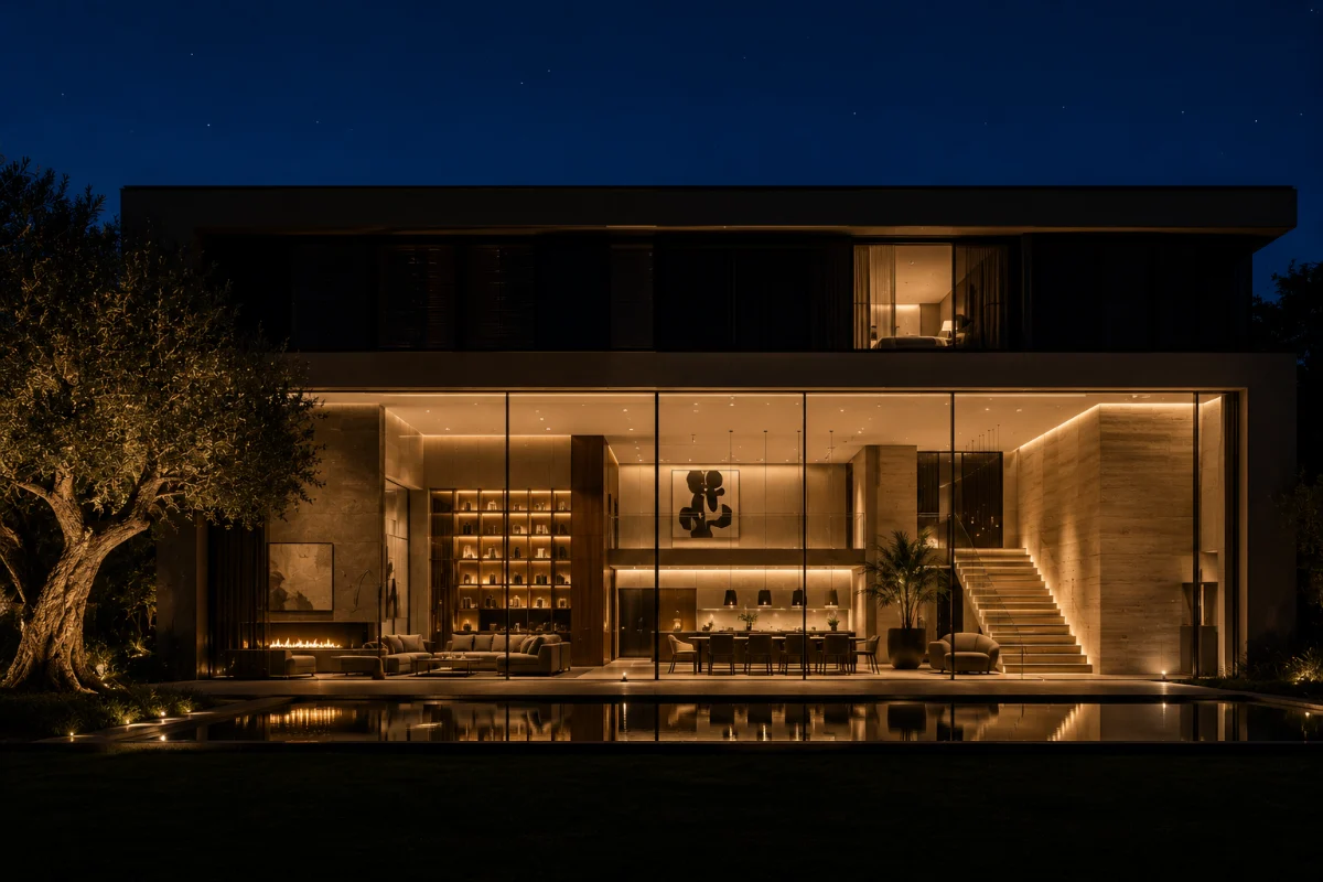 Modern private villa at night with a glass facade, lit interior and a pool