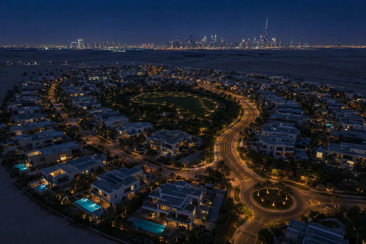Aerial view of a Dubai villa community at night with the city skyline on the horizon